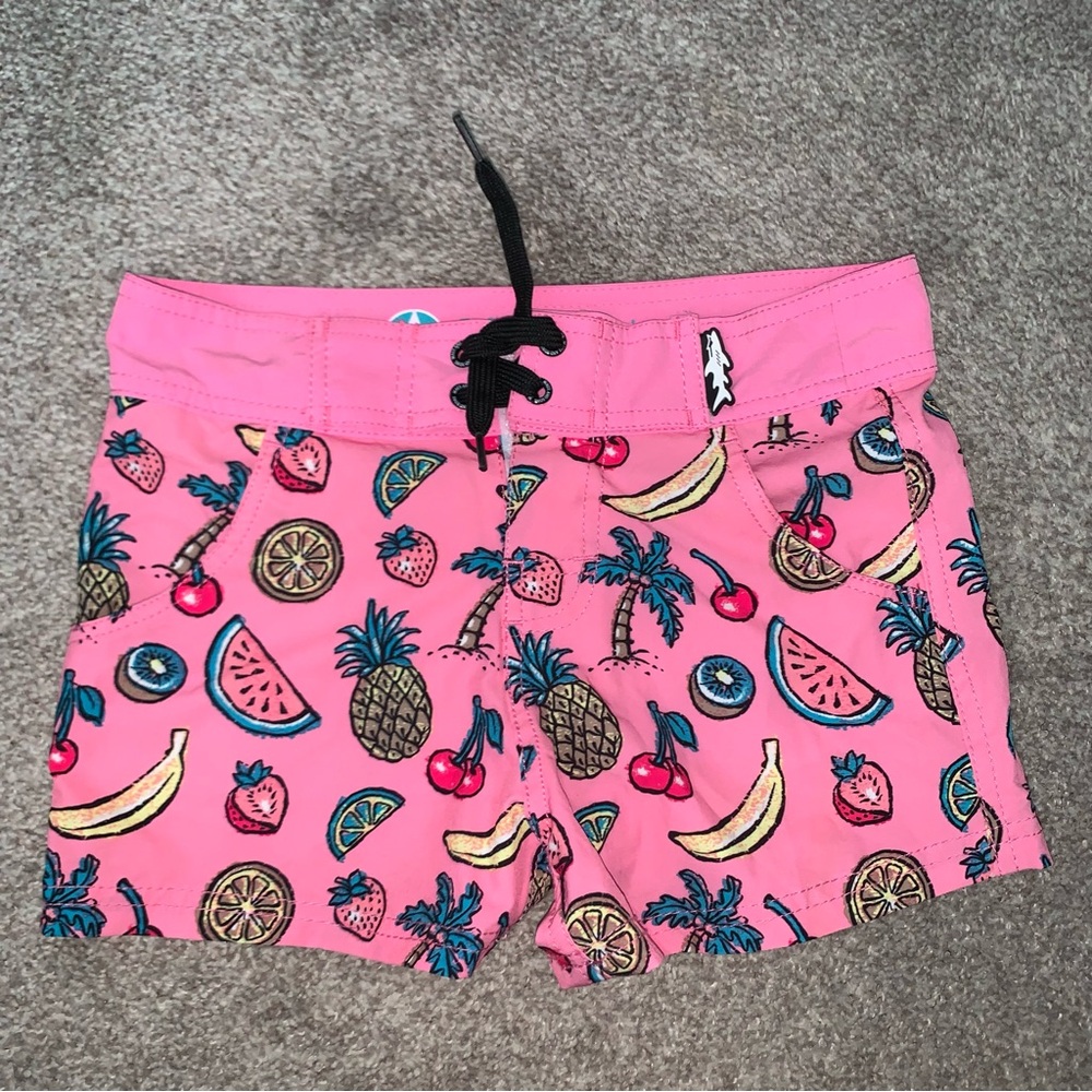 Kids Pink Tropical Fruit Swim Trunks